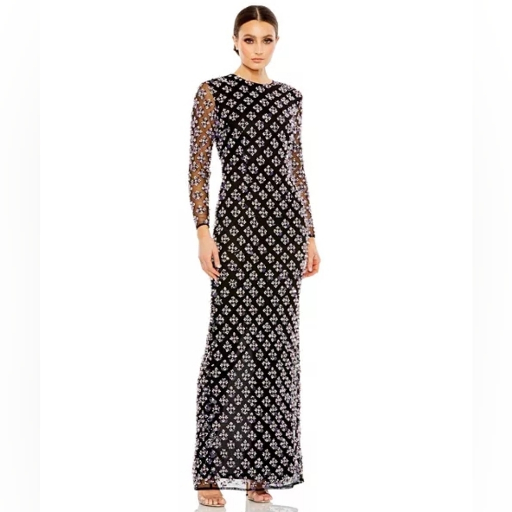 Mac Duggal 93618 Hand Beaded Mesh Long Sleeved Column Dress Evening Gown 4